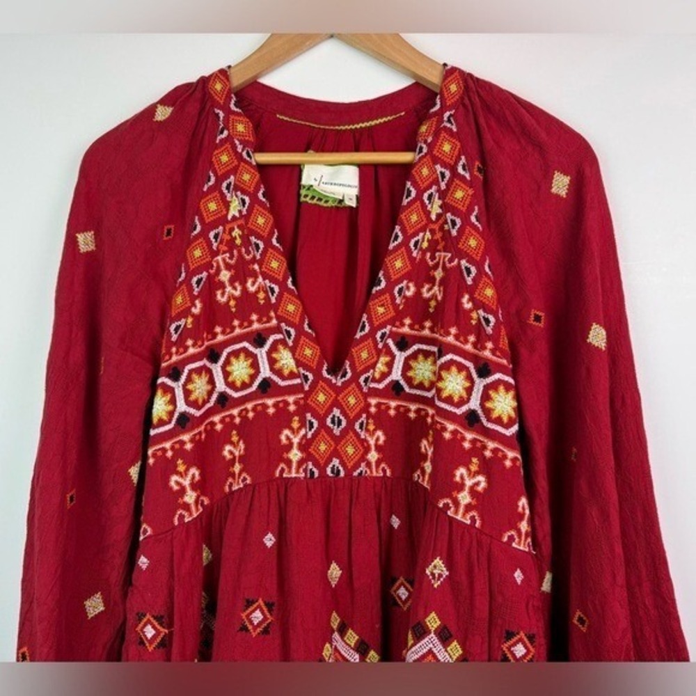 ANTHROPOLOGIE Niamh Red Multi Embroidered Mini Dress Tunic Boho Aztec Chic Sz XS - Picture 5 of 14